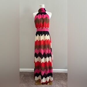 Arc & Co Chiffon Maxi Dress Red Pink Brown Cream Navy Blue Chevron Pattern